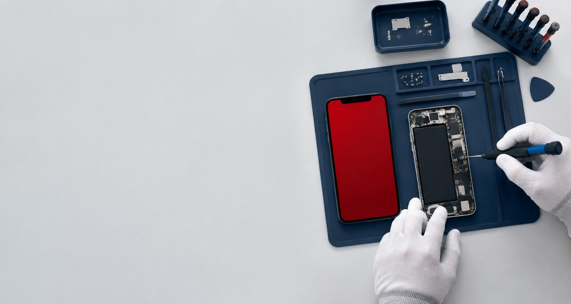 Réparation minutieuse d’un smartphone sur un établi